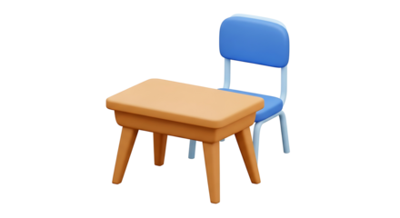 A 3D illustration of a student's wooden desk and a blue chair. School furniture for learning and education isolated on white.