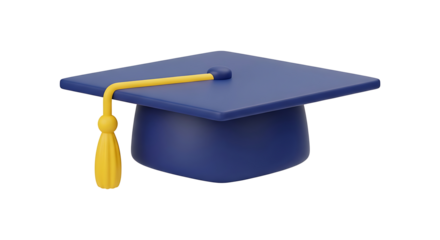 A 3D render of a blue graduation cap with a yellow tassel, symbolizing academic achievement, educational success, and commencement.