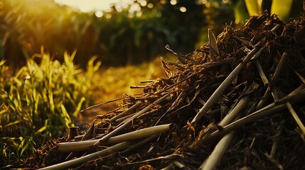 Pile of Plant Stalks in Golden Sunlight on Rural Farmland