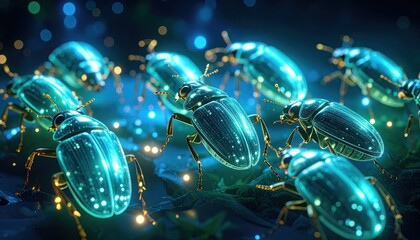 Glowing beetles on blue forest floor with digital art fantasy.