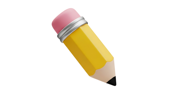 A 3D rendering of a classic yellow pencil with a pink eraser, a symbol of writing, education, and creative ideas.