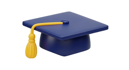 A 3D illustration of a blue mortarboard graduation hat with a golden tassel, isolated on a white background. Symbolizes educational achievement.