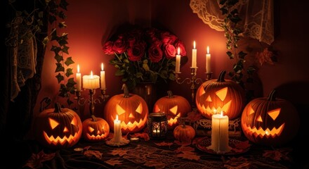 Obraz premium Elegant Gothic Halloween Still Life with Glowing Pumpkins, Red Roses, and Flickering Candles.