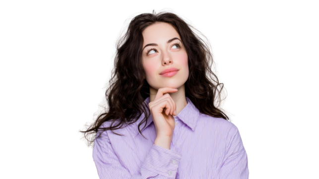 Young woman thoughtfully contemplating with a curious expression, isolated on a white background.