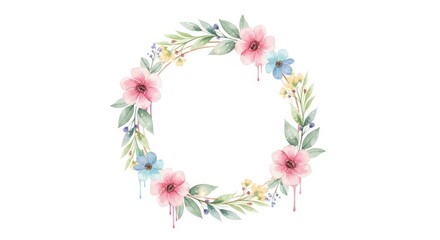 Watercolor floral wreath with pink, blue, and yellow flowers isolated on white background