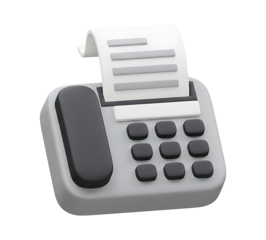 A 3D illustration of a gray office fax machine with a printed document, isolated on a white background. This is a classic business communication technology icon.