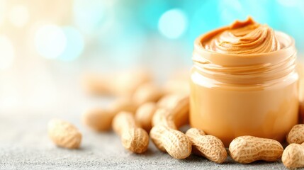 Creamy peanut butter jar surrounded by peanuts on a light background