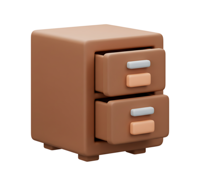 3D render of a modern office file cabinet with open drawers, symbolizing data storage, organization, and document management.