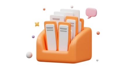 Office document organization and information management concept. A 3D render of files and folders in an orange holder for data archiving.