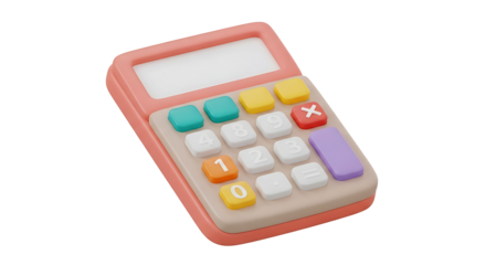 A cute 3D cartoon calculator with colorful pastel buttons, isolated on a white background. Symbol for finance, education, and mathematics.