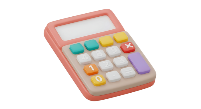A cute 3D cartoon calculator with colorful pastel buttons, isolated on a white background. Symbol for finance, education, and mathematics.