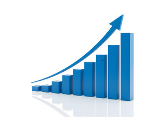 3D Rendered Blue Bar Chart Showing Growth with a Curved Upward Arrow on a White Background