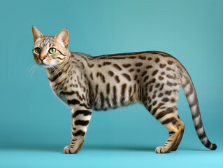 Elegant Russian Blue cat with amber eyes on a dark studio background.