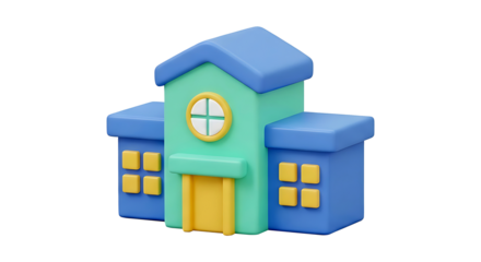 3D icon of a colorful school building. Stylized elementary or kindergarten institution for education and learning concepts, isolated on white background.