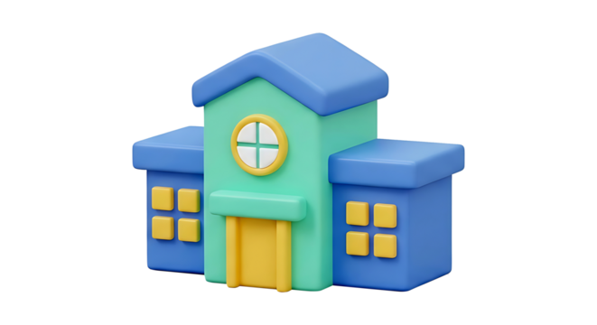 3D icon of a colorful school building. Stylized elementary or kindergarten institution for education and learning concepts, isolated on white background.
