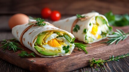 Breakfast burritos with egg and avocado on a rustic wood board ready for a healthy start to the day.