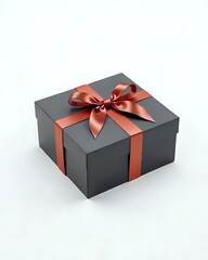Obraz premium Elegant Black Gift Box with Shiny Red Ribbon Bow Isolated on White Background 