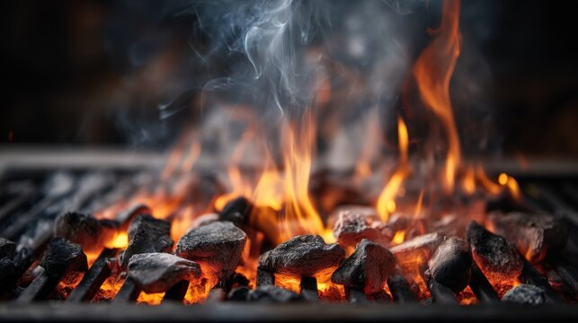 Glowing hot charcoal with smoke on a barbecue grill. Red flames and black coals, heat for cooking outdoors. - Powered by Adobe