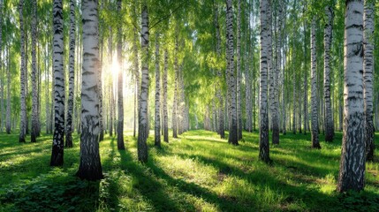 Fototapeta premium Birch forest at sunrise. Beautiful spring landscape with green grass and sun rays streaming through tree leaves. Nature background for eco concept.