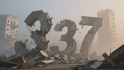 Large damaged numerical structures amidst urban rubble under a hazy sky