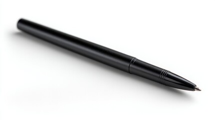 Black ballpoint pen isolated on a white background. Writing instrument for office, school, business. Stationery item on desk.