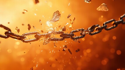 Breaking chains release sparks and shards, capturing the force of strength and destruction in a vivid explosion of energy