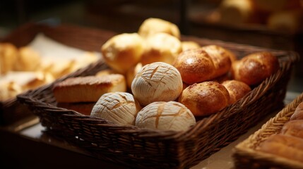 Assorted fresh bread rolls and buns in a traditional woven basket. Bakery display with warm, crusty pastry. Delicious food.