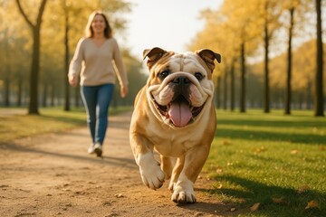 Bulldog joyfully running park