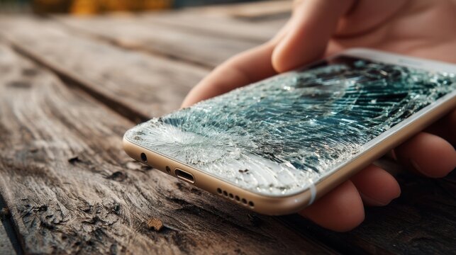Closeup of a caucasian man holding a smartphone with a heavily cracked screen. Broken mobile phone concept. - Powered by Adobe