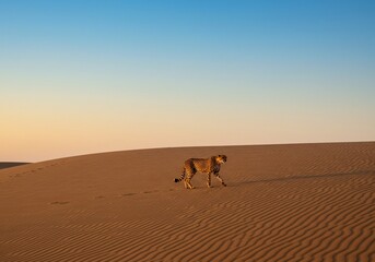 Cheetah Walking Across Desert Dunes at Sunset