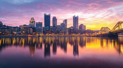 Sunrise over Pittsburgh city skyline reflecting on the calm waters of the river