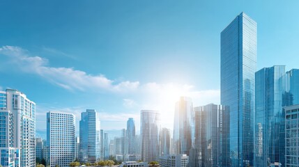 Obraz premium Modern cityscape with many glass buildings under a clear blue sky. Urban skyline and tall skyscrapers for business and finance concept.