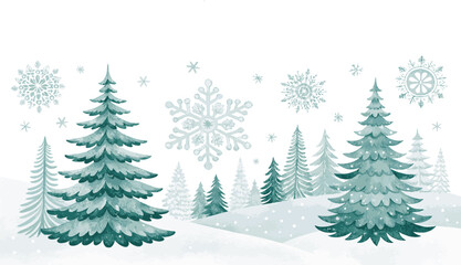 Obraz premium Watercolor winter forest scene with snow covered pine trees and snowflakes vector