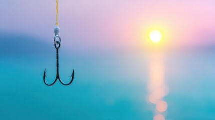 Fishing hook at sunrise over calm waters evokes serenity and anticipation