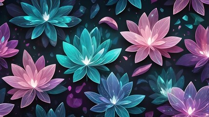 Stylized Floral Pattern Glowing Translucent Flowers on Dark Background Abstract Background