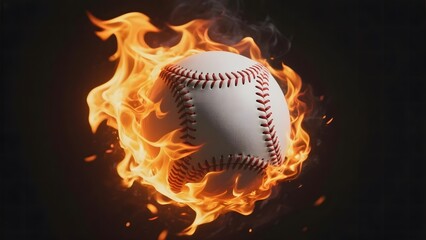A baseball engulfed in intense flames against a dark background