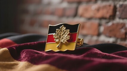 Pin featuring a maple leaf and tricolor design, resting on fabric with a brick background