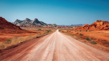Empty dirt road stretching through a vast barren desert landscape with distant mountains under a clear blue sky, travel concept.