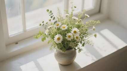 Fototapeta premium A vase filled with white daisies and greenery placed on a windowsill, bathed in natural light.