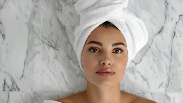 A woman is relaxing with a towel wrapped around her head. Her eyes are closed, creating a peaceful atmosphere. The background is a marble texture, creating a luxurious and calming spa aesthetic.