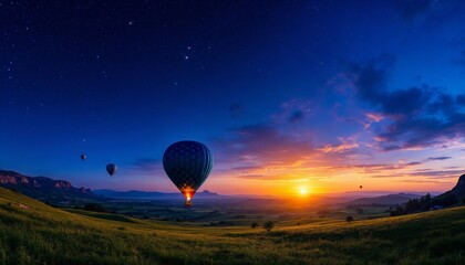 Colorful Polka Dot Hot Air Balloon Soaring Through Twilight Sky Over Valley