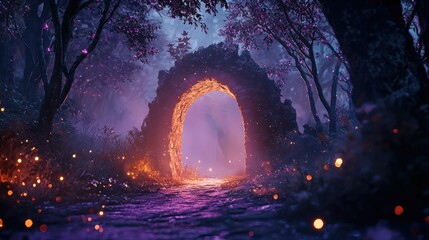 Enchanted glowing archway leading into a mystical forest filled with vibrant colors and mysterious light at twilight