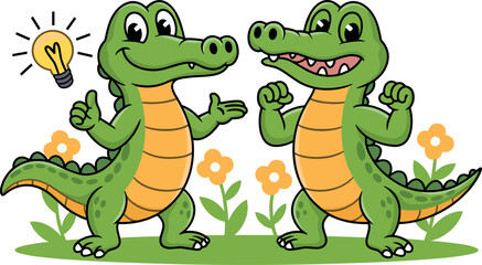 Cartoon alligator duo on grass, smiling reptiles with light bulb and flex pose, fun animal illustration, creative idea concept, kids design