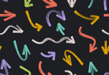 Big set of brush, colored crayon drawn bold arrows. Template hand drawn doodle thick colorful arrows in different directions. Collection of chalk arrow vector. Handwritten chalk, brush, design.