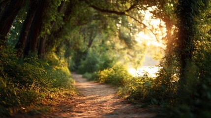 Obraz premium Dirt path winding through sunlit forest with green trees and glowing light, concept for nature, travel and adventure.