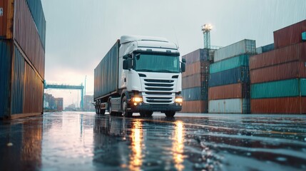 A white semi truck drives on a wet road at a port surrounded by shipping containers. Global cargo transport concept.