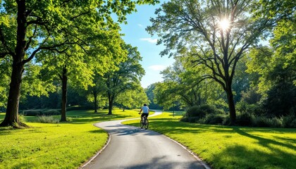 Lone Cyclist Riding Through Winding Path in Lush Green Park on Summer Day