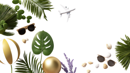 Tropical Holiday Essentials: A curated arrangement of vacation necessities is artfully displayed, featuring sunglasses, decorative palm leaves, a miniature airplane, and other summer essentials.
