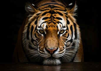 Fototapeta premium Intense Tiger Gaze: Striking Portrait with Golden Eyes and Bold Stripes on Black Background