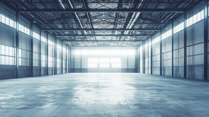 A large, empty industrial hangar with large windows and a high ceiling.